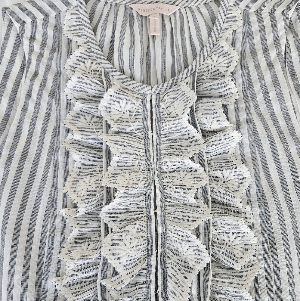 Rebecca Taylor Sleevless Gray and White Ruffle Striped Eyelet Bib Blouse - Picture 7 of 11